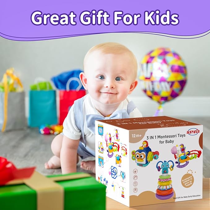 Baby Toys for 1+ Year Old, Busy Board Sensory Toys for Toddlers 1-3, Baby Toys for 12-18 Months, Pull String Teether, Stacking Blocks, 3 in 1 Travel Toy Gifts for 1 2 3 Year Old Boy Girl