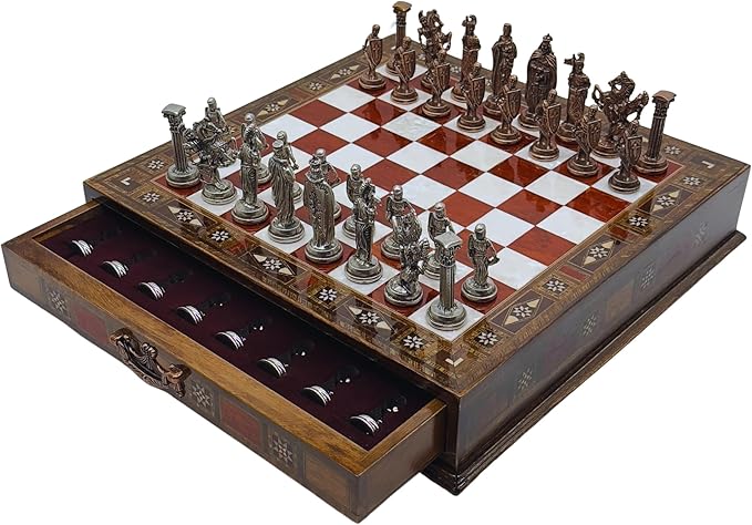 15’’ Handmade Chess Set with British Army Metal Chess Pieces, Luxury Storage Chess Board, for All Ages, Ideal for Father, (Rose)