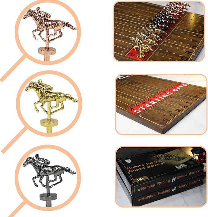 2 Pack Metal Horse Racing Board Game Card Board Game Finish Line Luxury Edition Solid Wood Race 11 Batches of Metal Model Horses 2 Sets of Dice and 2 Boxes of Cards (Flame)…