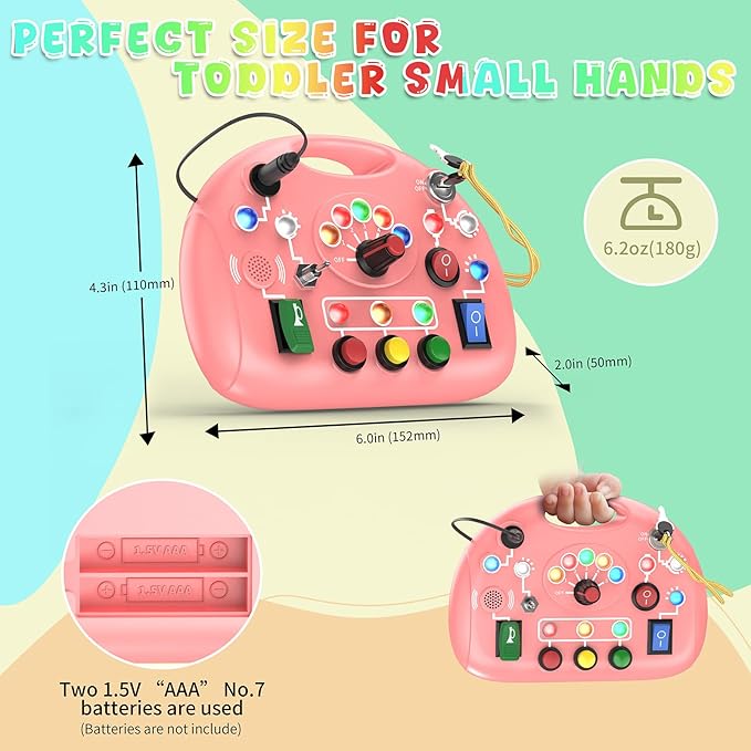 Toddler Busy Board with Led Light Switch, Travel Sensory Board Montessori Toddlers Fat Brain Toys 1-2 Year Old, Baby Educational Activities Travel Essential Toys Ideal Christmas & Birthday Gift (Pink)