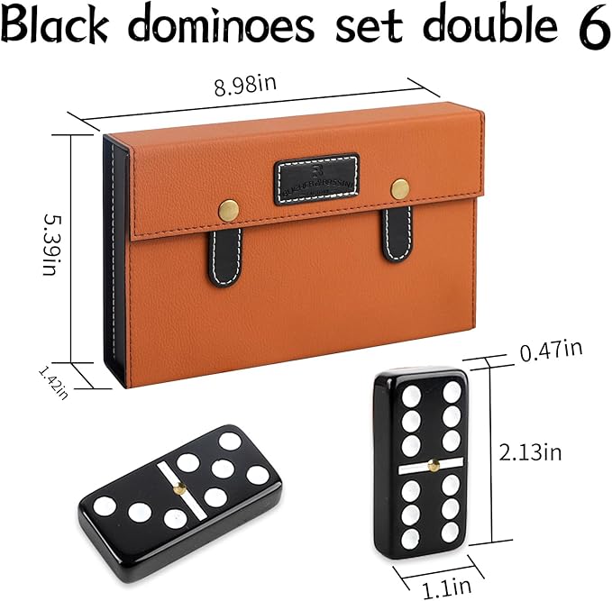 Bucher&Rossini Dominoes Set Double 6 - Claasic Black Domino's Game Set for Adults and Kids Idea Gift Present for Domino Players or Family Game Night (Black New)