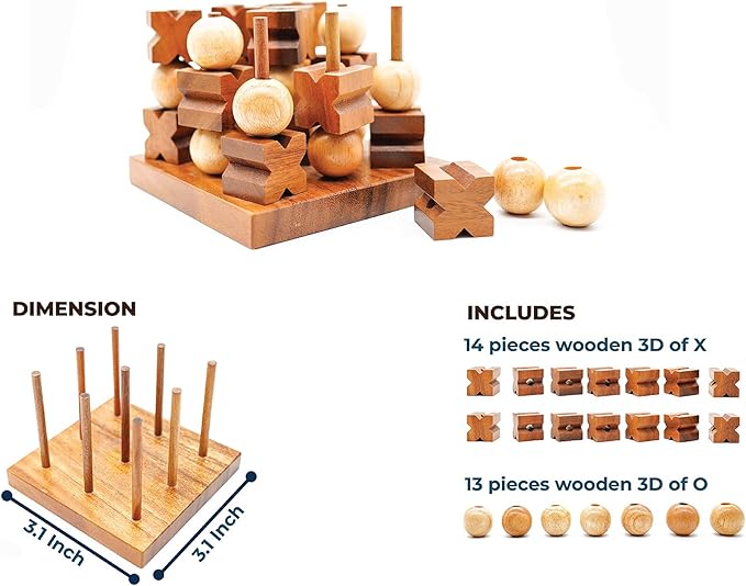 BSIRI 3D Wooden Tic Tac Toe - Rustic Coffee Table Decor, Unique Gifts for Special Occasions, Fun for All Ages in Strategic Game Night, Family Games, and More