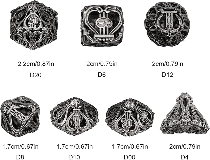 Cusdie 7-Die Metal Dice Set - Hollow Design with Bells - Crisp Sounding Gaming Dice in Tin Box - Perfect for Tabletop RPGs & Board Games(Ancient Nickel)