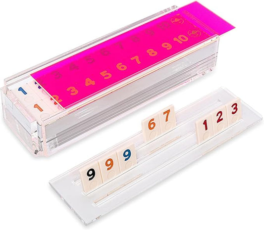 Luxury Rummy Tile Set Game in Handmade Acrylic Case with 4 Racks Included (Neon Pink)