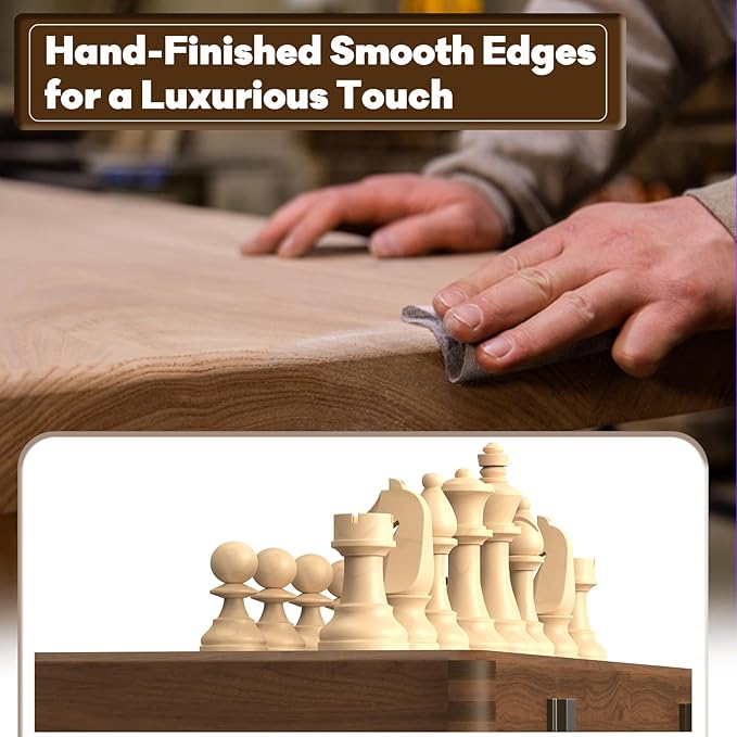 Premium Natural Walnut 15" Magnetic Wooden Folding Chess & Checkers Set- 2 in 1 Board Game with 3" King Staunton Pieces and 2 Extra Queens, Checkers, and Dust-Proof Storage Bag (Black)