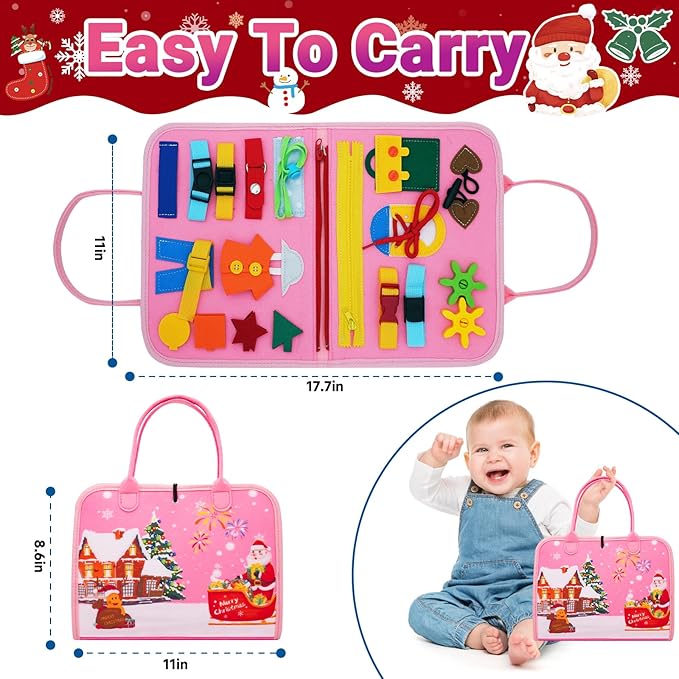 Montessori Busy Board, Baby Busy Book Educational Learning Toys for Toddlers Quiet Book Activity Books Buckle Toy Fine Motor Skills Toys for 1 2 3 4 5 Year Old Kids (Pink)