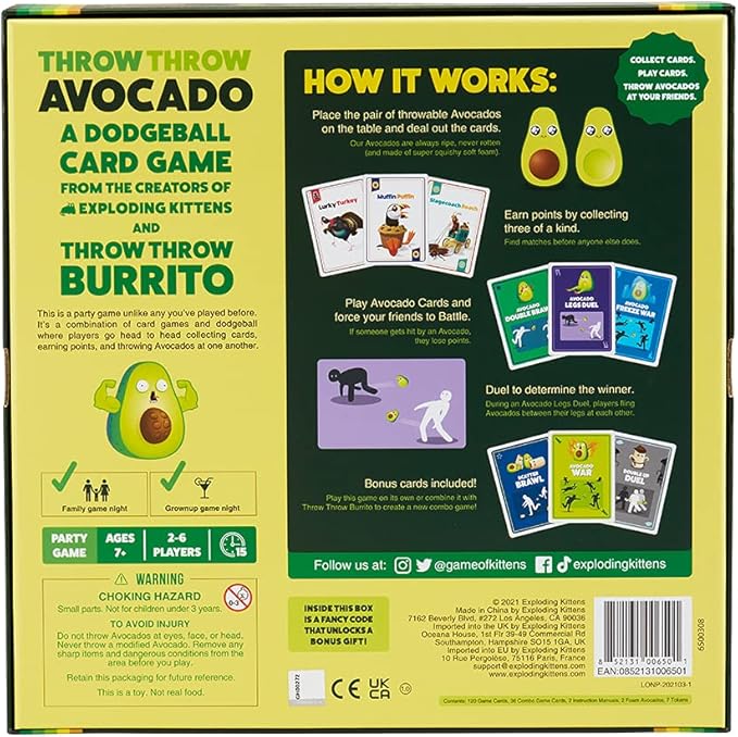 Exploding Kittens Presents Throw Avocado - A Dodgeball Card Sequel and Expansion Set - Family-Friendly Card Games for Adults, Teens & Kids - 2-6 Players - Ages 7 and Up - 120 Cards