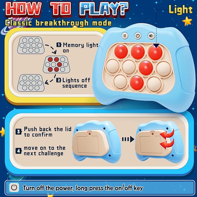 Quick Push Game，Pop Game Fidget Toys, Fast Push Bubble Game, Handheld Puzzle Game Sensory Toys ，Light Up Push Pop Game for Kids 3-12 Girls and Boys Teens Adults Decompression (Light Blue)