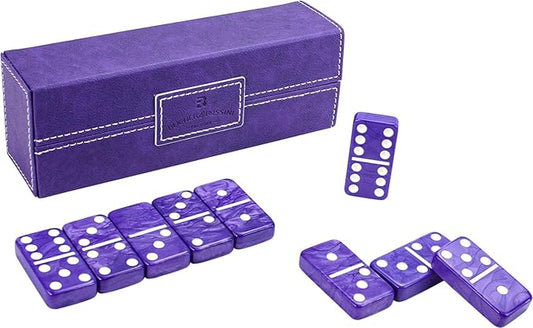 Dominos Set for Adults – Double 6 Dominos - Dominoes Set for Kids and Adults - 28 Marbleized Purple Jumbo Domino, Classic Board Game for Family Nights & Travel (Purple Case)