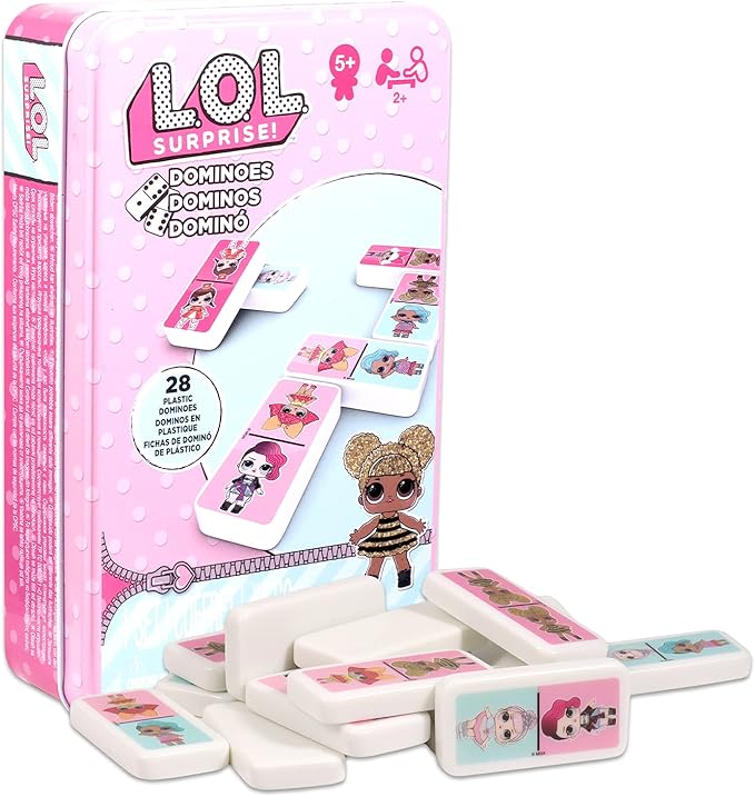 L O L LOL Dominoes Tin Game Set for Kids, Toddlers ~ 3 Pc Bundle with LOL Dolls Dominos Board Game, 300 Stickers, and Hanger LOL Dolls Birthday Party Games and Supplies, LOL dominos, LOL dominoes