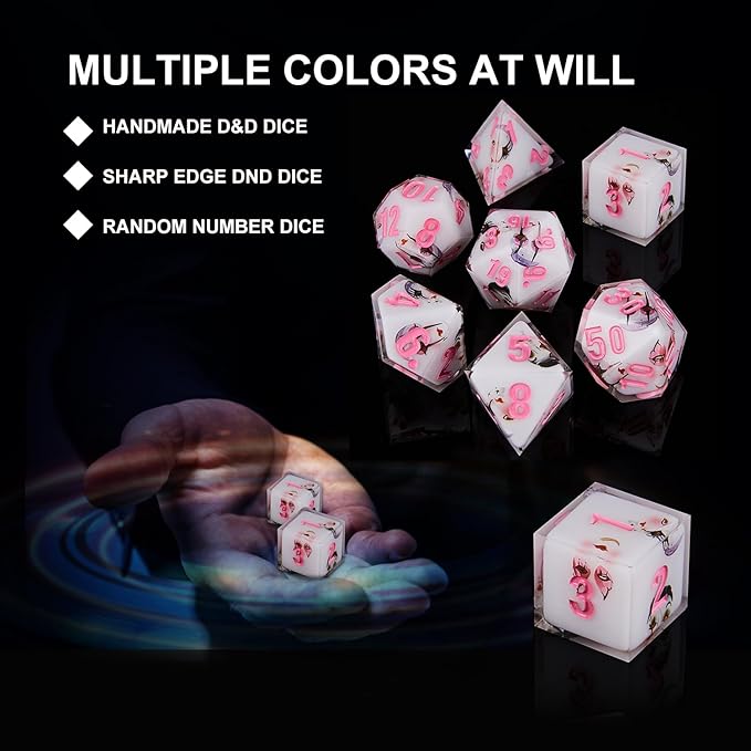 DND Dice Set Polyhedral, IDTQ Dungeons and Dragons Purple Dice Set RPG MTG Table Games 7-Die Resin Sharp with Acrylic Starlight Accent Box (Lips-White)