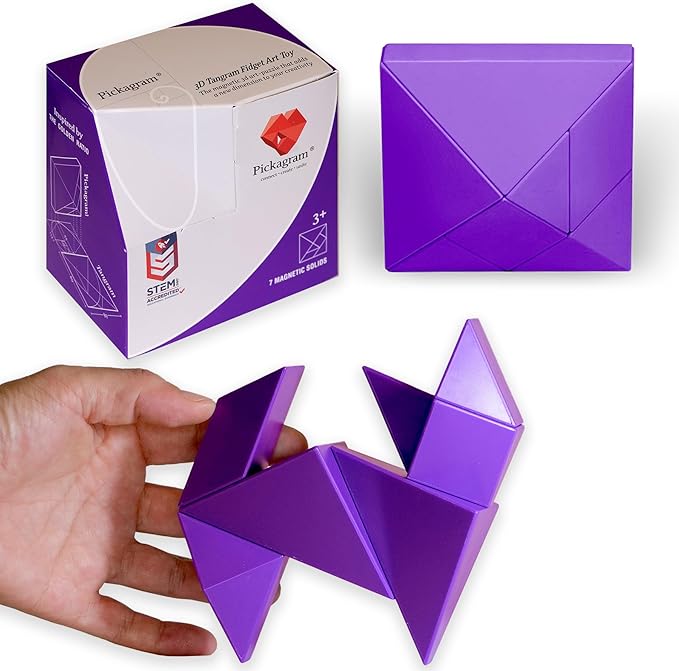Pickagram Tangrams for Kids Ages 8-12 & Adults 3D Magnetic Tangram Fidget Puzzle: STEM Certified Magnetic Pattern Blocks (Purple)