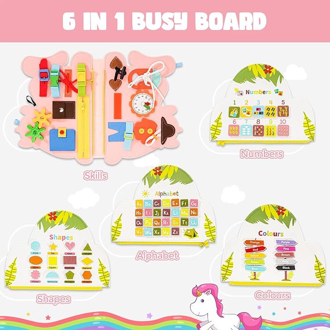 Hautton Busy Board Montessori Toys for Toddlers 1-3, Kids Sensory Book with Educational Preschool Learning Activities, Toddler 3-5 Travel Busy Book and Gifts for Boys Girls -Unicorn