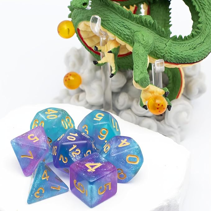 DND Dice Set with Dragon Totem Metal Gife Case, Dungeons and Dragons Dice Set,Polyhedral Dice Set Filled with Shiny Glitters,Role Playing Games and Tabletop Games (Blue&Pink)
