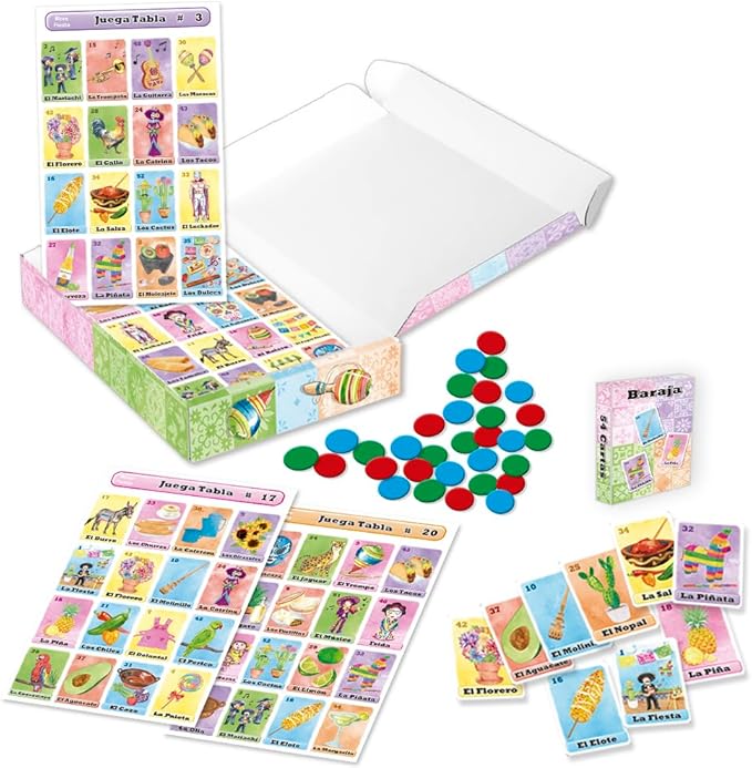 Loteria Fiesta Deluxe Game Set in Spanish, for Up to 20 Players - 20 Boards, Full Deck of Cards and with Chips