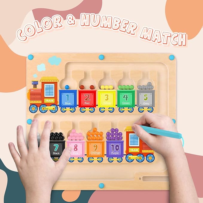 Syahro Magnetic Color and Number Maze Toy, Wooden Magnet Balls Puzzles Board, Fine Motor Skills Toddler Activities, Montessori Gift for Boys Girls 3-5 Years Old, Preschool Busy Board for Kids