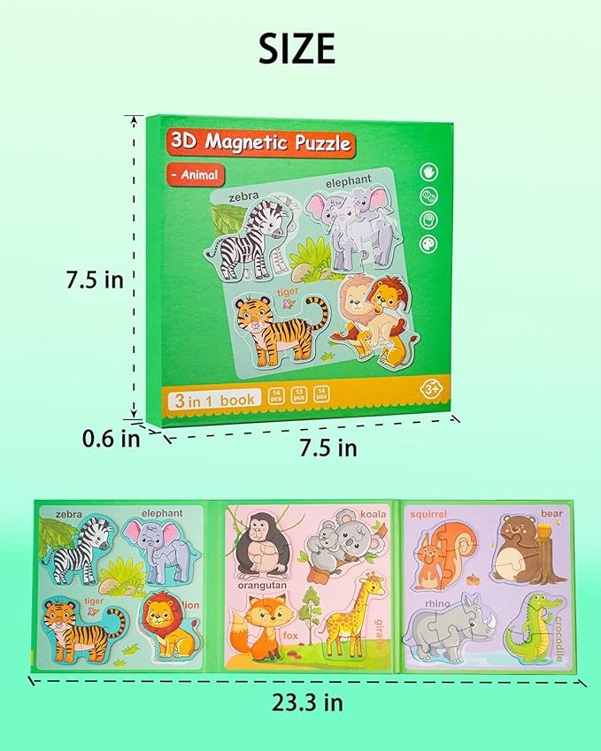 Magnetic Puzzles for Toddlers 1-3, Travel Puzzles for Kids Ages 3-5, Animal Activities Toy Wooden Jigsaw Puzzles Book for Boys & Girls 2-4, Learning Magnet Gift for Road Trip (Animal)