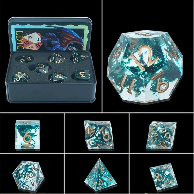 DND Dice Set Sharp Edge Dice Set 7 Piece DND polyhedral Dice Numbers with Gold Leaf Exquisite Tin Box Packaging,Ideal for Dungeons & Dragons RPG and Board Games (1C-GO3V-CYXY)