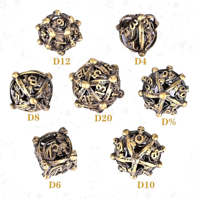 DND Metal Dice Set, UBEUCK 7PCS Gear Metal DND Dice Set for Dungeons & Dragons Board Games Boxes (Bronze dice)