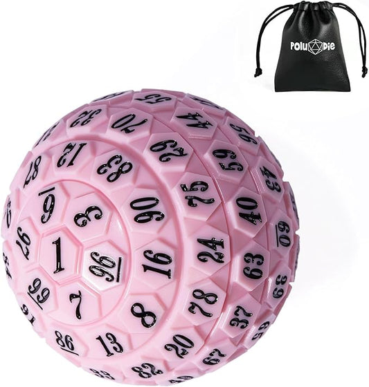 100 Sided Polyhedral Dice, Single D100 Game Dice, 100 Sided Cube with Black Pouch, D100 die 48 mm (Pink with Black Number)