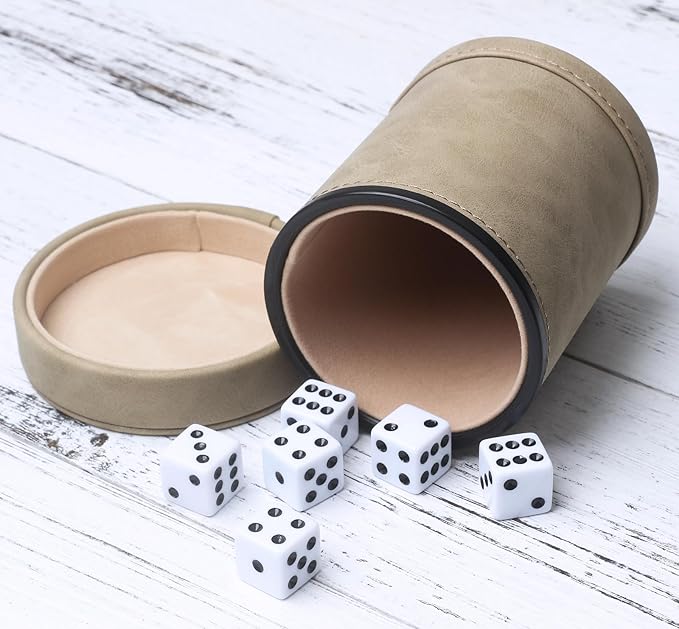 Brown Suede Faux Leather Dice Cup with Lid, Soft Felt Interior Quiet Dice Shaker Cup with 6 Dice for Liars Dice/Farkle/Yahtzee Games, 1 Pack