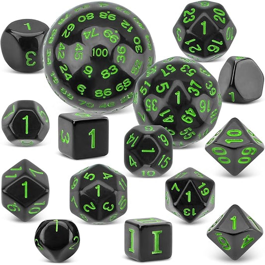 Coyeekn DND Dice 15 Pieces Polyhedral Dice D3-D100 with Dice Bag for Role Playing Table Games (Black & Green)