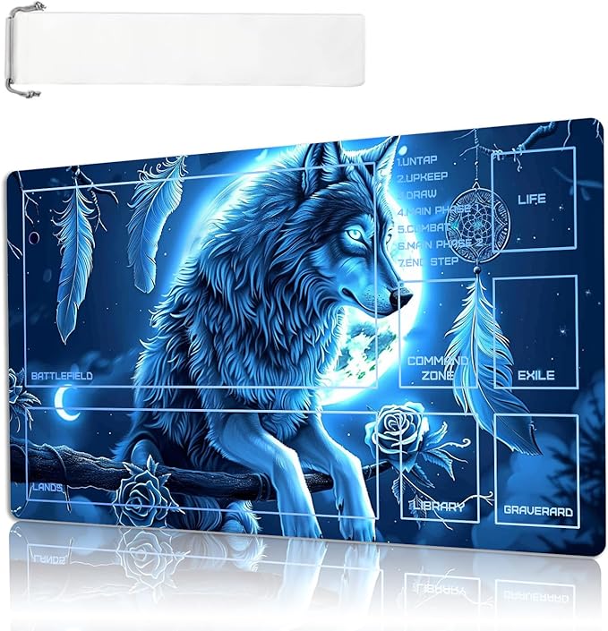 MTG Playmat Size 23.6x13.8in with Storage Bags Portable Playmat TCG and Board Game Mat for Cards Rubber Base Slip-Resistant Mousepad Desk Mat (Fantasy Owl,with Zone)