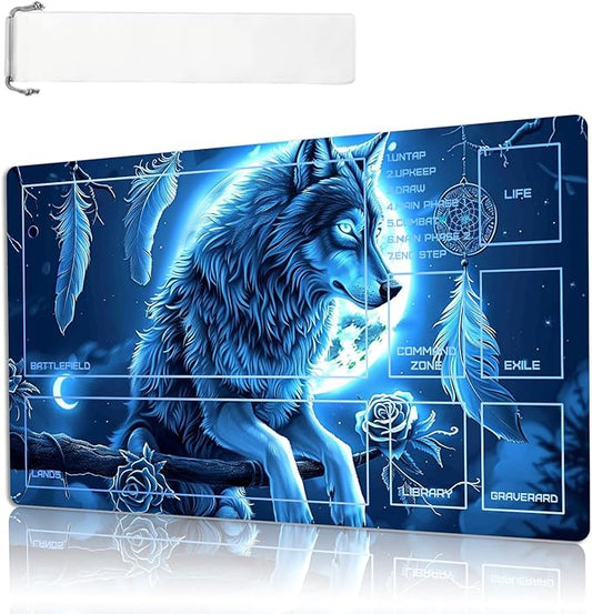 MTG Playmat Size 23.6x13.8in with Storage Bags Portable Playmat TCG and Board Game Mat for Cards Rubber Base Slip-Resistant Mousepad Desk Mat (Fantasy Owl,with Zone)