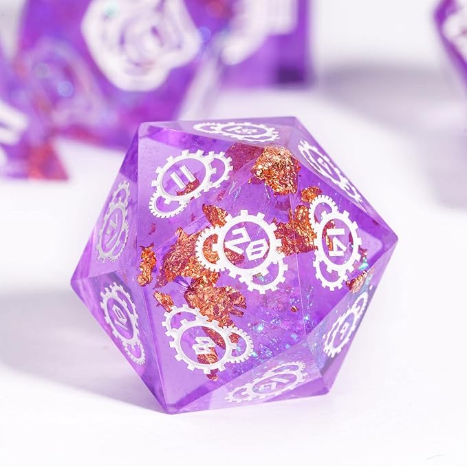 Cusdie Sharp Edges DND Dice, 7 PCs D&D Dice, Handcrafted Polyhedral Dice Set, for Role Playing Game Pathfinder(Purple/Roman Numerals)