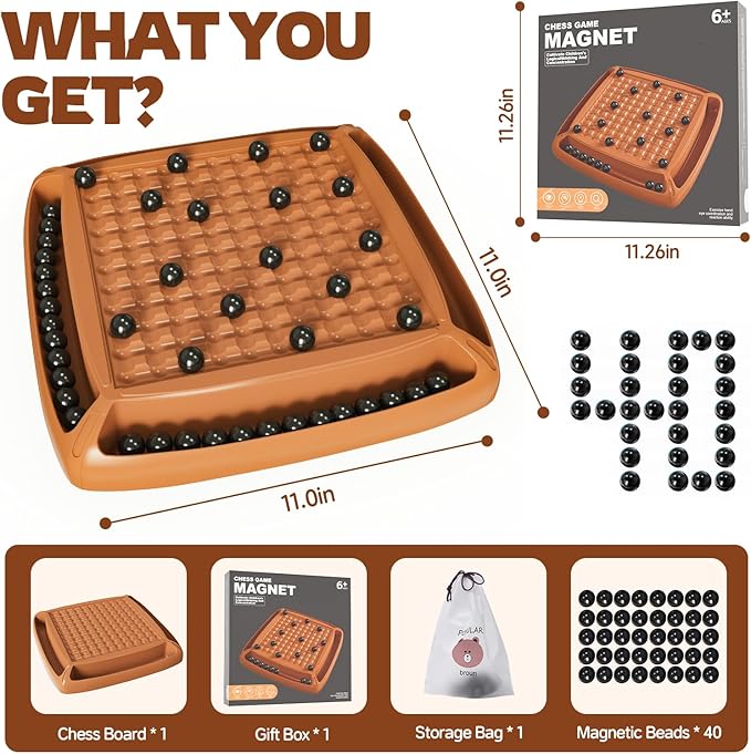 Magnet Game, Magnetic Game Chess, Board Games for Kids 6-8-12, Magnet Chess Kid Games, Family Board Games for Kids and Adults, Magnetic Game with 40 Pieces, Fun Birthday Gifts for Kid (Brown)