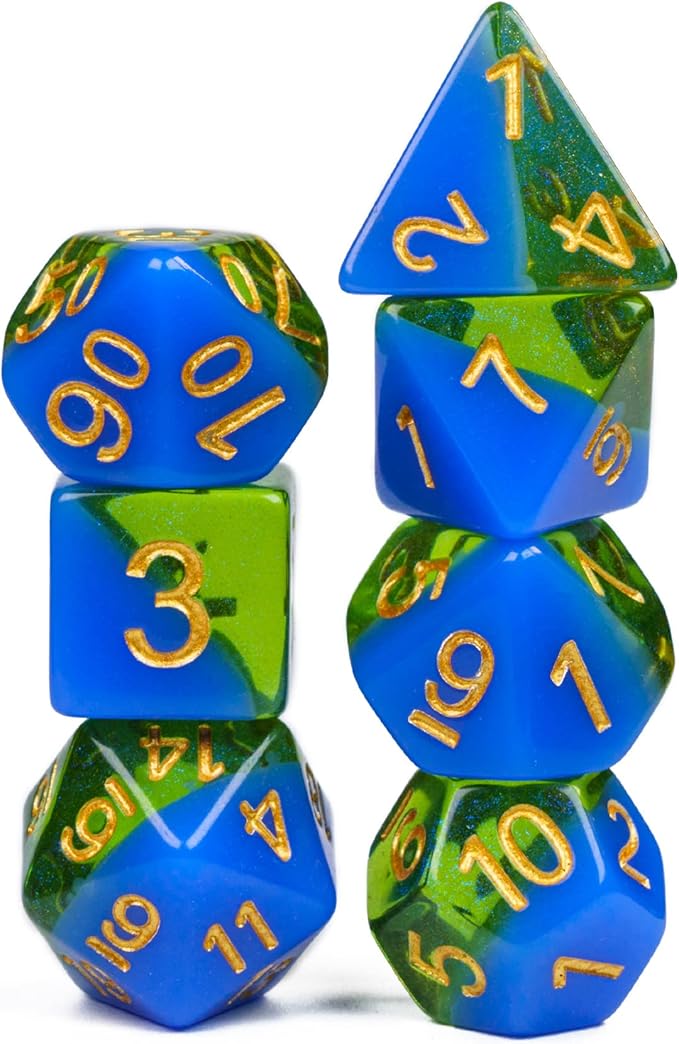 UDIXI 7PCS Glitter Polyhedral Dice Set D&D, Resin DND Dice for Dungeons and Dragons,Other Table Games （Blue and Green）