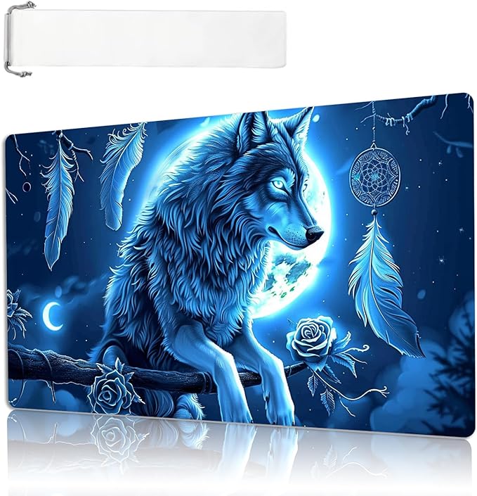 MTG Playmat Size 23.6x13.8in with Storage Bags Portable Playmat TCG and Board Game Mat for Cards Rubber Base Slip-Resistant Mousepad Desk Mat (Wolf,No with Zone)