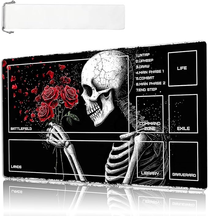 MTG Playmat Size 23.6x13.8in with Storage Bags Portable Playmat TCG and Board Game Mat for Cards Rubber Base Slip-Resistant Mousepad Desk Mat (Skeleton Rose,with Zone)