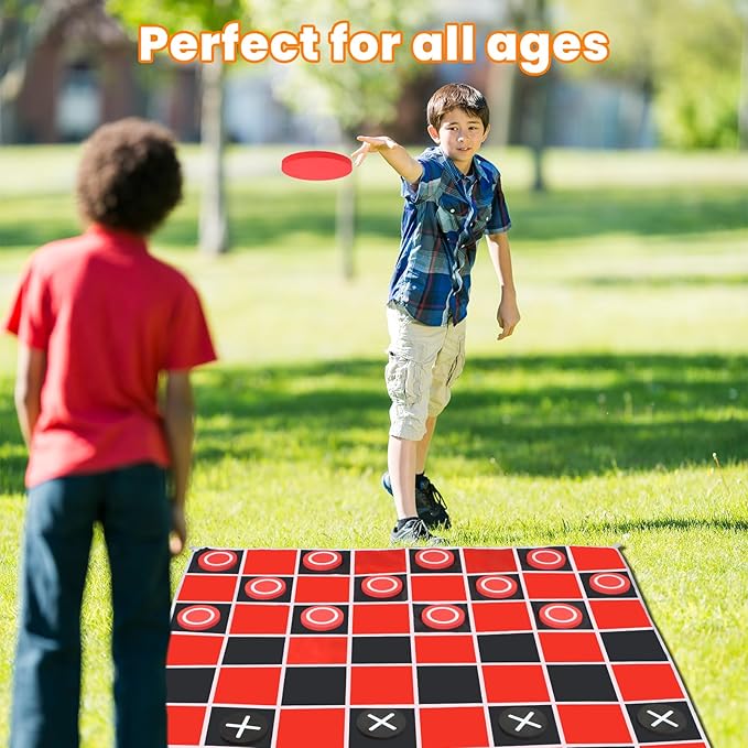 2-in-1 Giant Checkers Board Game & Tic Tac Toe Game Set, Jumbo Outdoor Lawn Games with 4.6x4.6ft Machine-Washable Mat & 4 Ground Stakes - Perfect Backyard Games for Kids & Adults