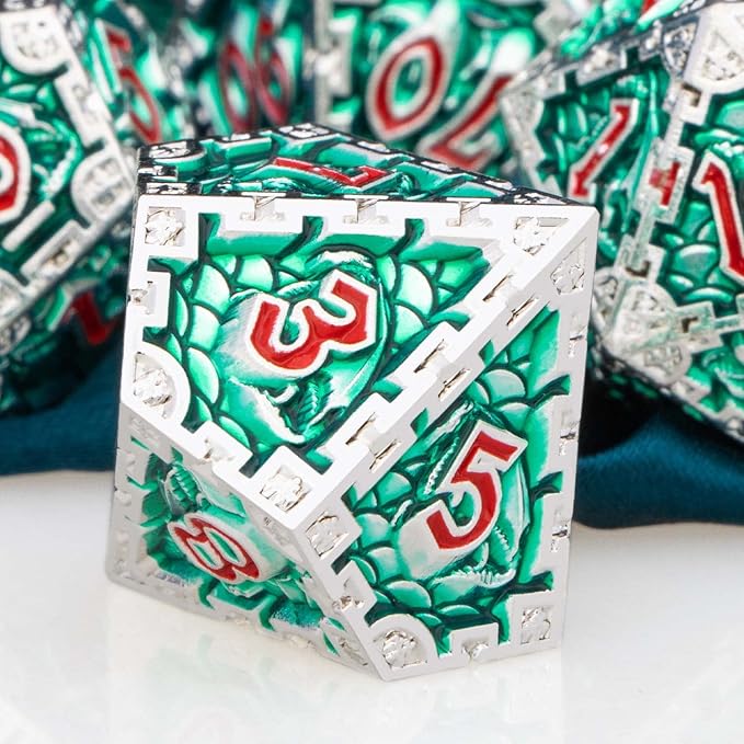 ARUOHHA DND Metal Dice Set 7pcs Green Large Dragon Polyhedral Dice 6 Sided Role Playing Game Handmade D and D Dice D20 D12 D10 D8 D6 D4