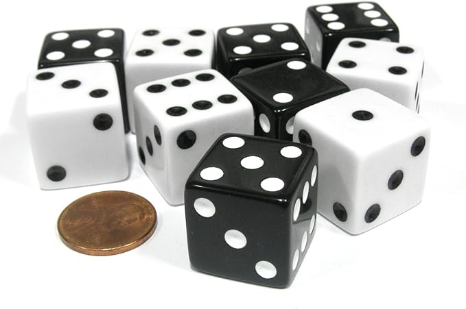 Koplow Games Set of 10 Large Six Sided Square Opaque 19mm D6 Dice - 5 Black and 5 White Die