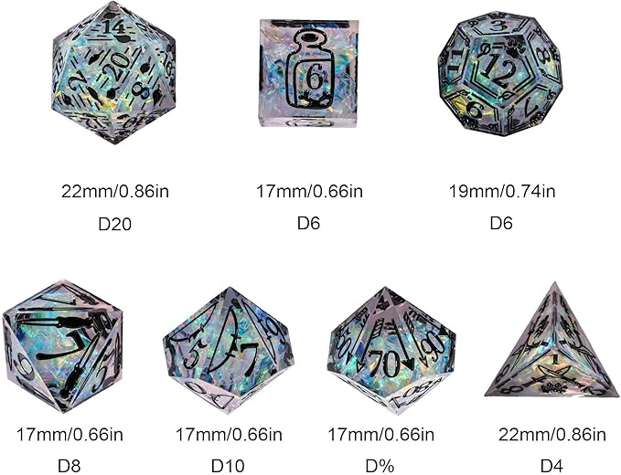 Cusdie 7-Die Sharp Edges DND Dice Set, Ranger Pattern Polyhedral D&D Dice Set for DND Dungeons and Dragons TTRPG Role Playing Games(Transparent w/Black Ranger Pattern)