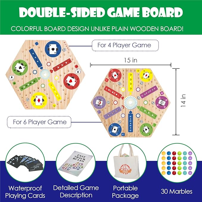 Fast Track Marble Board Game, Wahoo Board Game Double Sided Painted, Fast Track Board Games for 6 and 4 Players, Includes 6 Colors 30 Marbles, 1 Deck of PVC Playing Cards, 1 Canvas Bag