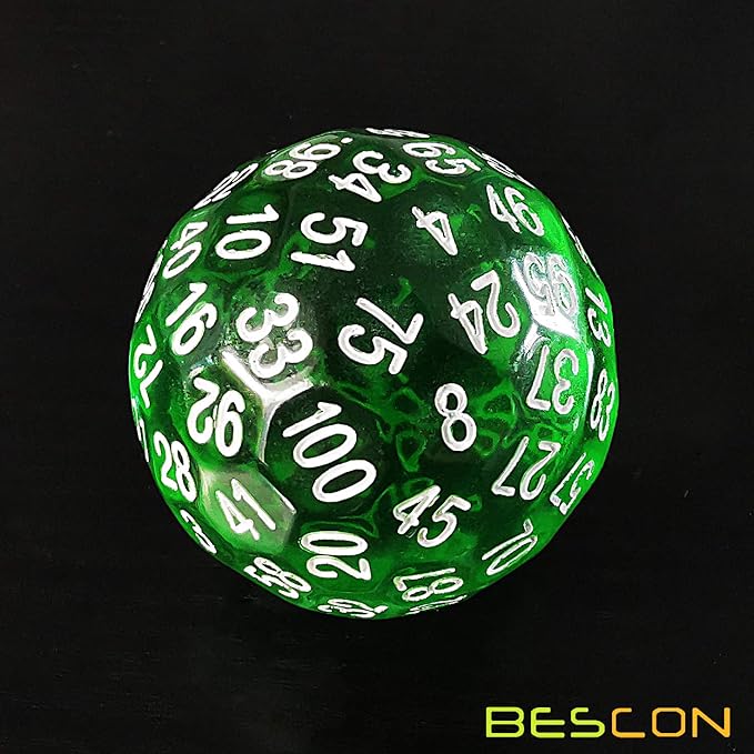 Bescon Translucent Green Polyhedral Dice 100 Sides, D100 dice, 100 Sided Cube, Transparent D100 Game Dice
