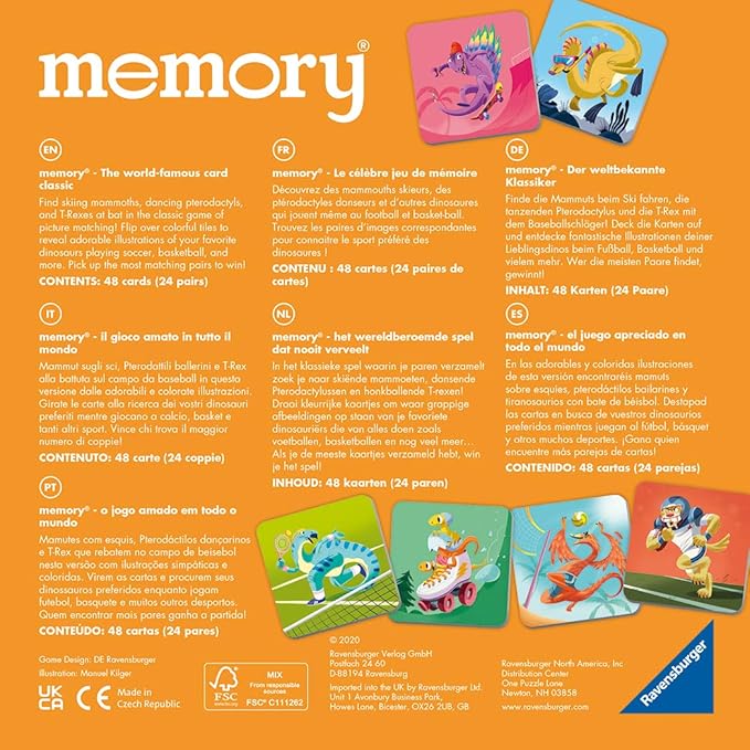 Ravensburger Dinosaur Sports Memory Game for Girls & Boys Ages 3 to 5–A Fun & Fast Dino Memory Game
