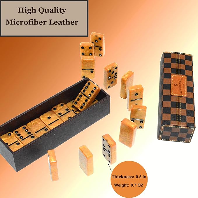 Dominos Set for Adults, Thick Domino, Double 6 Dominoes Set for Adults and Kids, 28 Marbleized Gold Tiles in Brown Leather Case, Travel Domino's Game Set