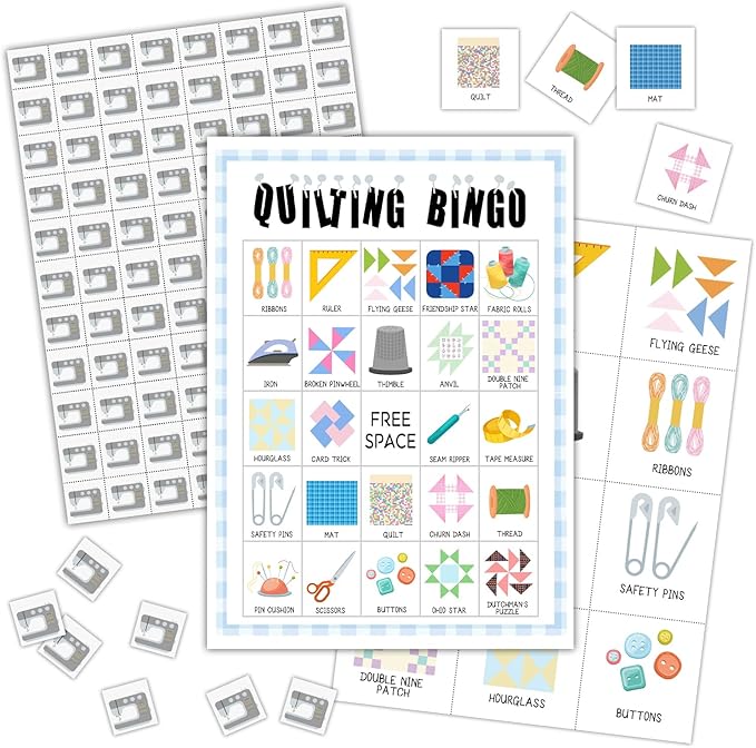 Quilting Bingo Games, 24 Players Bingo Cards, Indoor Outdoor Activities for Family Friends, Vacation Gifts for Adults Teenager, Quilting Gifts Quilt Guild Game Bingo Supplies -07
