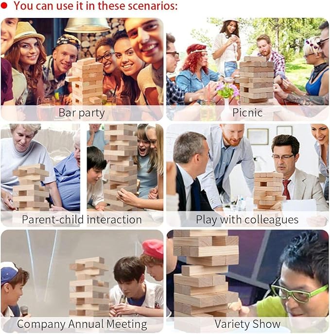 Nattork Giant Tumbling Tower (Stack from 2.16Ft to 5+ Ft), Wood Stacking Giant Blocks Game| Made from Premium Pine Wood| Ideal for Family, 54PCS