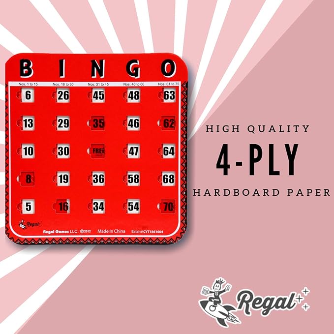 Regal Bingo Bulk Bingo Cards with Sliding Windows - Reusable Large Print Bingo Game Cards for Adults Large Group - 8 Pack, Red