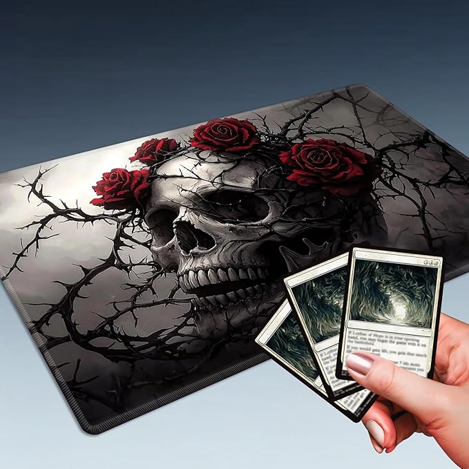 MTG Playmat Size 23.6x13.8in with Storage Bags Portable Playmat TCG and Board Game Mat for Cards Rubber Base Slip-Resistant Mousepad Desk Mat (Skull and Flower,No with Zone)