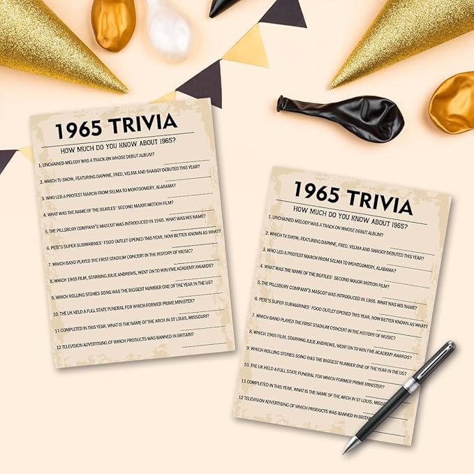 QUPT 60th Birthday Party Games, 1965 Trivia Games, Birthday Party Supplies for Adults, Fun 1965s Party Game，Pack of 30 Cards