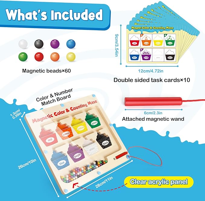 Aizweb Magnetic Color & Number Maze,Montessori Toys Wooden Magnetic Puzzle Board Color Sorting Counting Matching Toy,Toddler Learning Activities Fine Motor Skills Toy for Boy Girl 2 3 4 5 Year Old