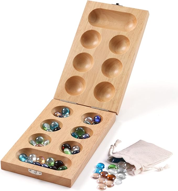 Mancala Board Game for Kids, Adults & Family. Includes Folding Rubber Wood Board, 48+10 Mancala Stones & Instruction. Classic & Portable Marble Game for Travel.(Natural Color)