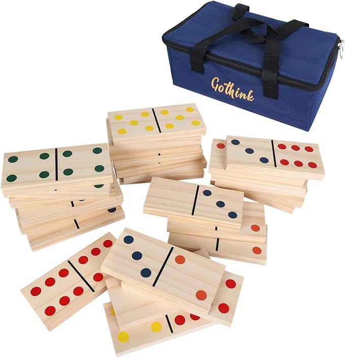 GOTHINK Giant Wood Dominoes Game Outdoor Set for Adults and Kids, 28pcs Jumbo Large-Format Domino Tile with Carrying Bag for Birthday Holiday Family Party Games & Outdoor Lawn and Backyard Activities
