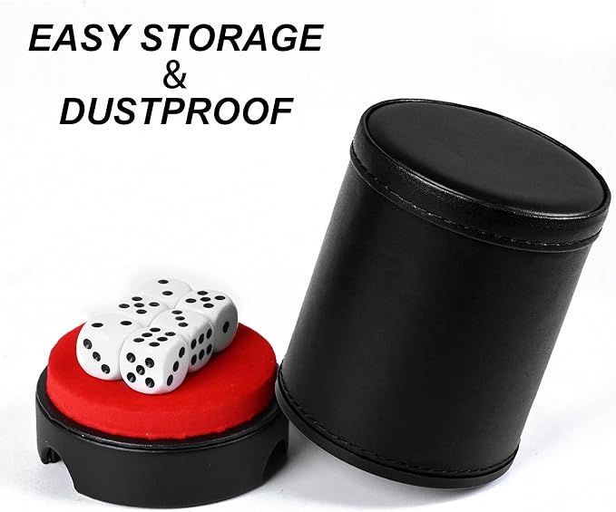 Dice Cup with Lid, PU Leather and Felt-Lined, Quiet Shaker for Yahtzee Farkle Dice Board Games, Set of Six 16mm Dice Included